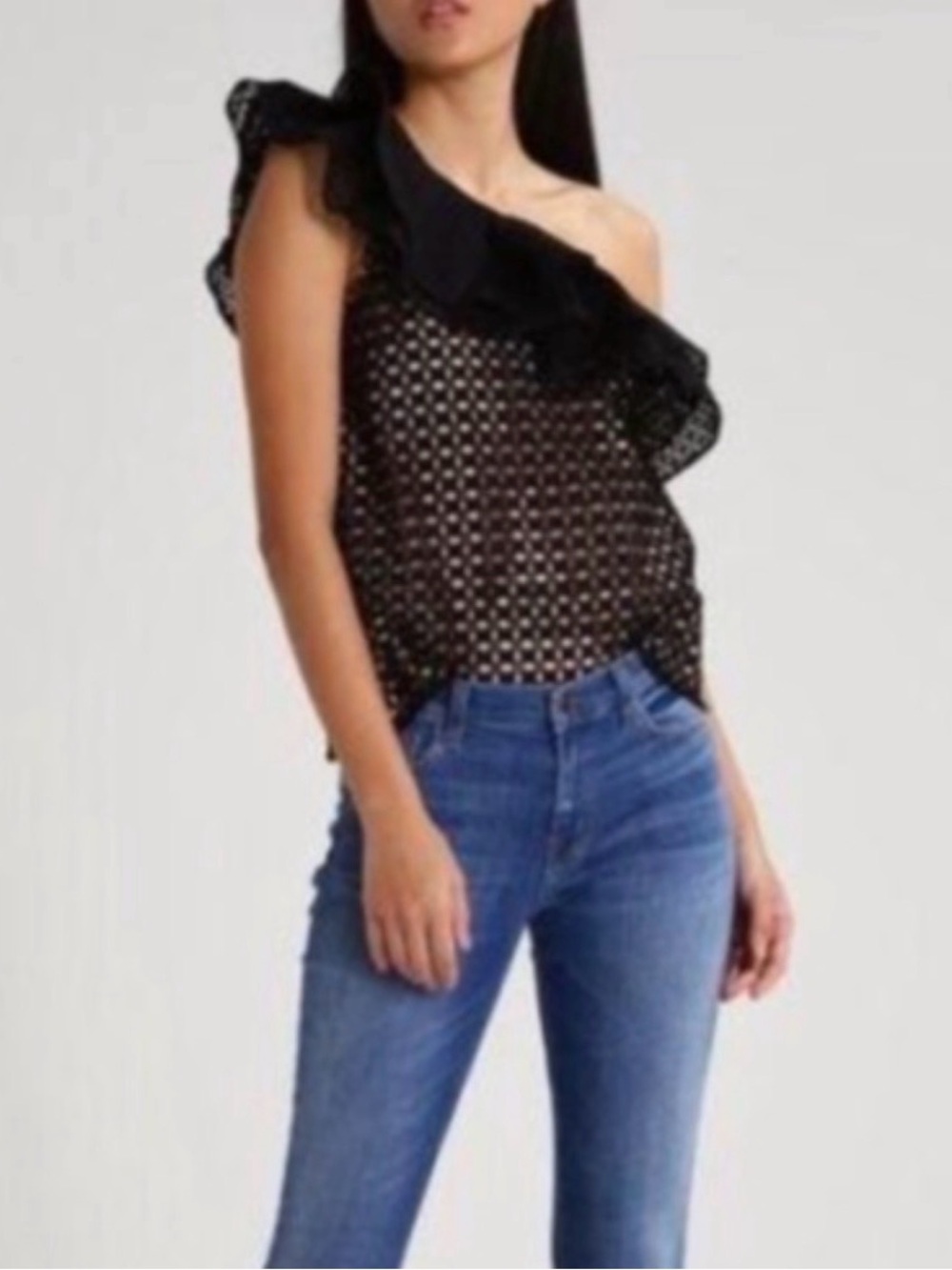 J. Crew Black Lace Over Soft Pink Lining Ruffle Accent zip up Top